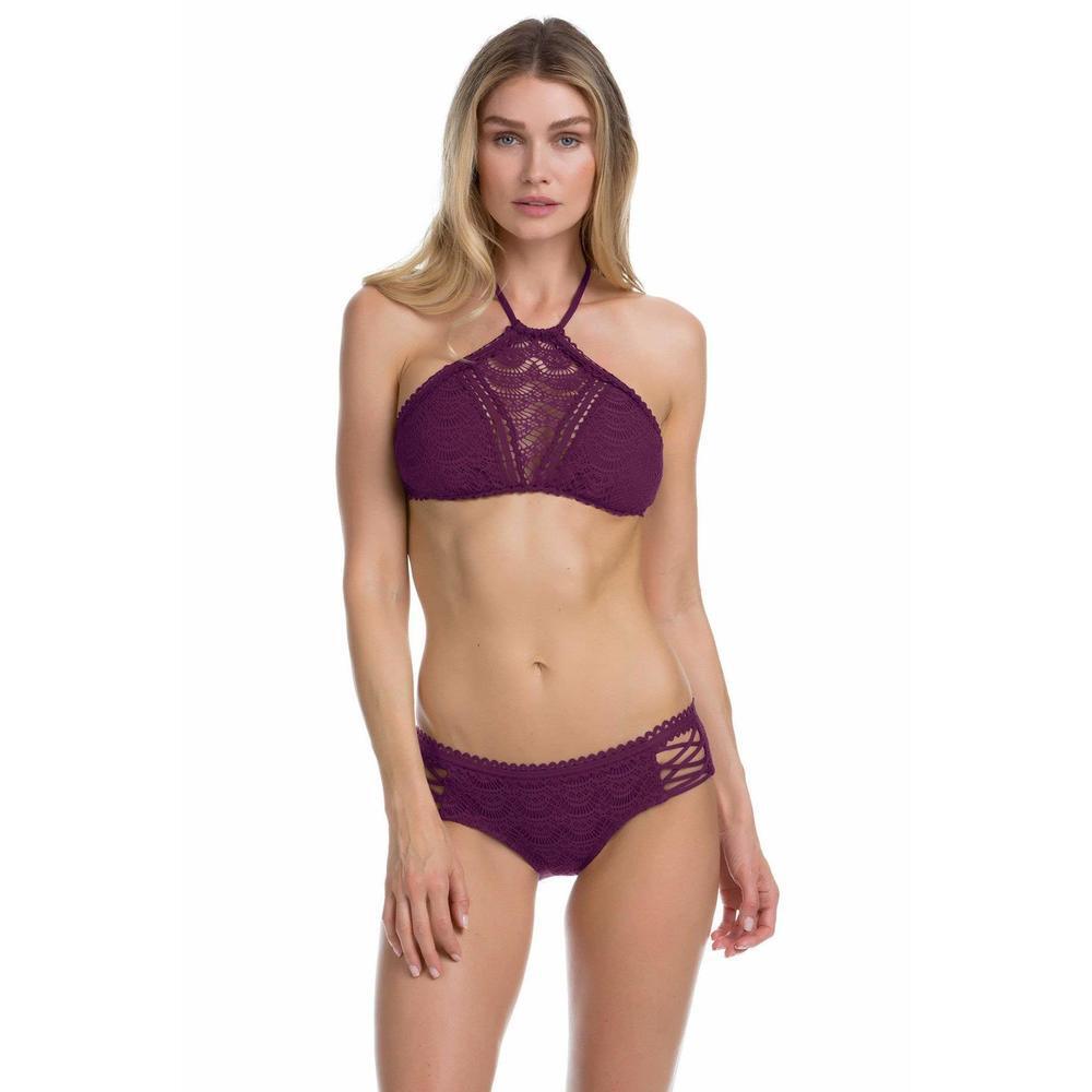 Becca by Rebecca Virtue Rickrack High Neck Halter Bikini Top Raisin D Cup